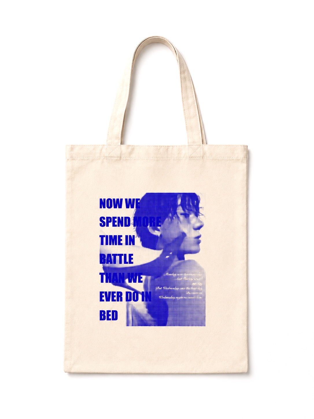 Graphic design — blue halftone portrait print on a tote bag